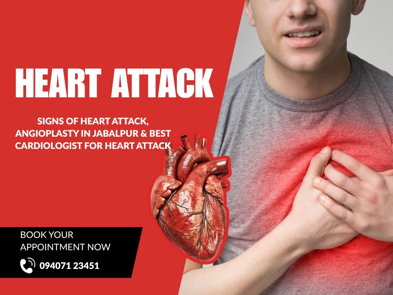 Patient experiencing chest pain indicating heart attack symptoms with heart illustration, promoting heart attack treatment, angioplasty, and cardiology care in Jabalpur by Dr Animesh Gupta