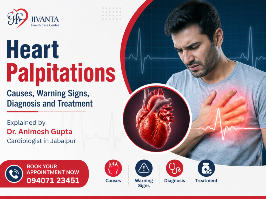 Heart palpitations infographic explaining causes, warning signs, diagnosis, and treatment, featuring Dr. Animesh Gupta, Cardiologist in Jabalpur.