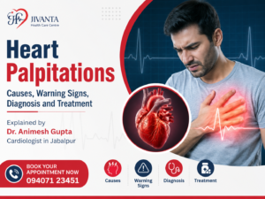 Heart palpitations infographic explaining causes, warning signs, diagnosis, and treatment, featuring Dr. Animesh Gupta, Cardiologist in Jabalpur.