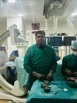 Cardiology operation theatre with doctors performing heart procedure