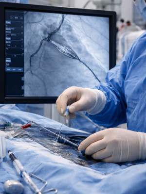 Angioplasty procedure showing catheter insertion and artery blockage treatment