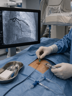 Coronary angiography procedure showing catheter insertion and artery imaging